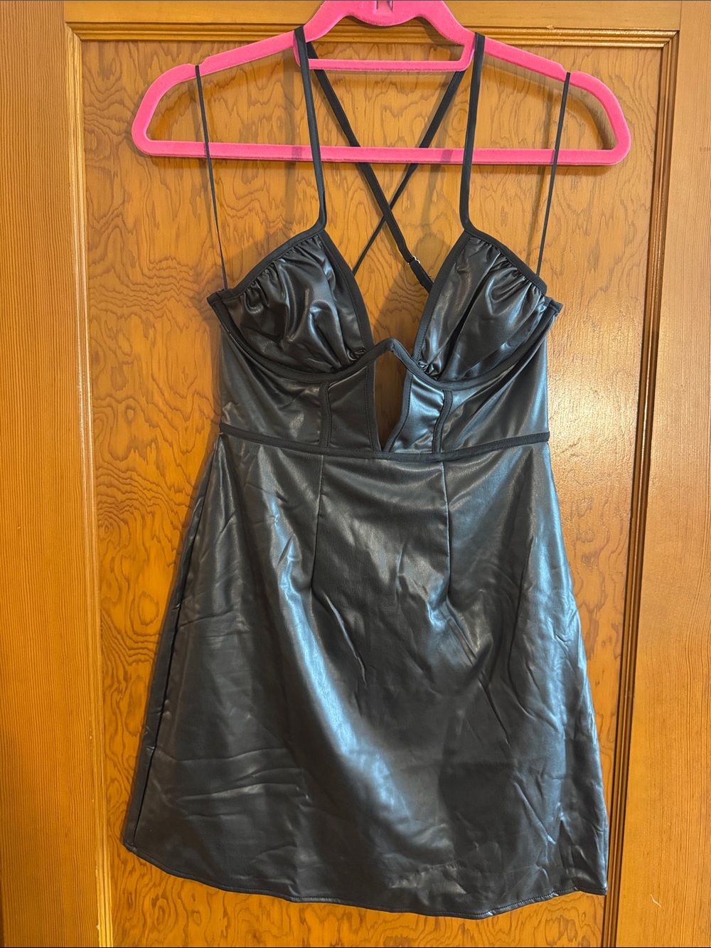 Black Faux Leather Strappy Mini Dress